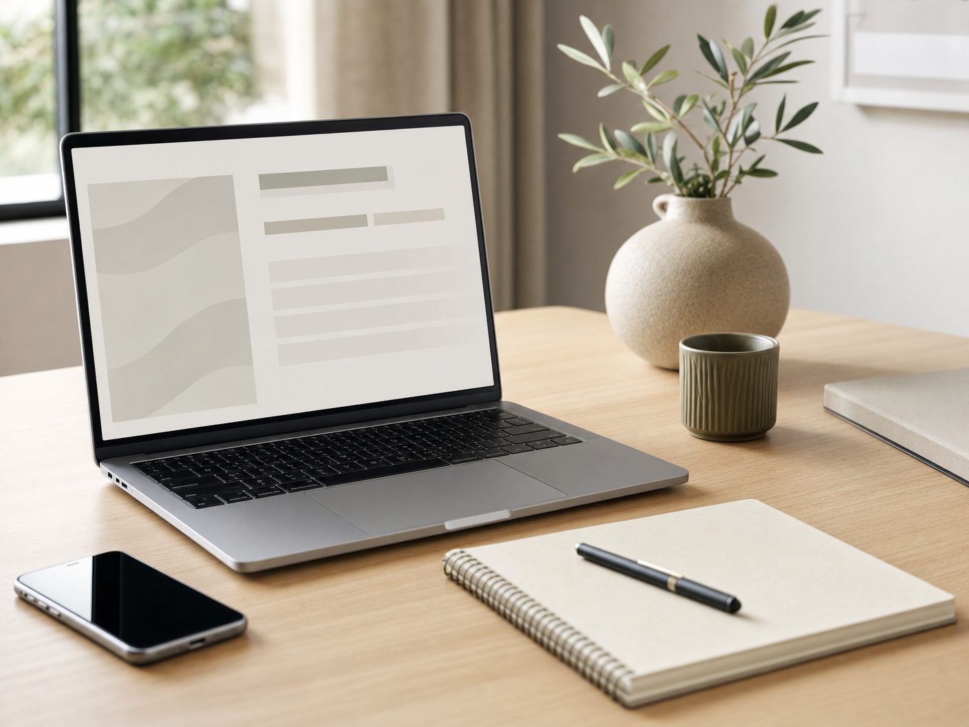 Professional workspace with laptop, notebook, and phone