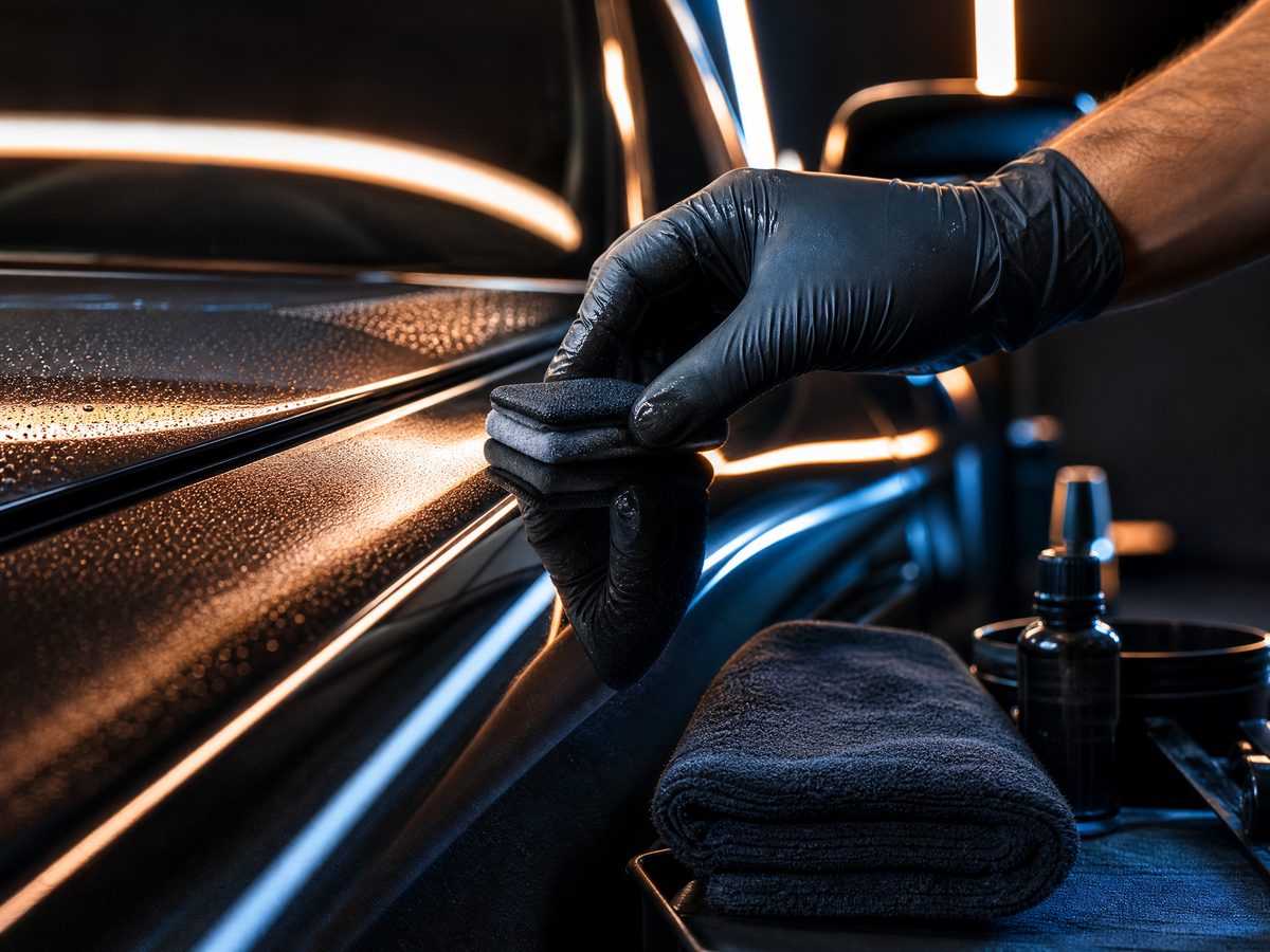 Detailing technician applying ceramic coating to a glossy vehicle panel