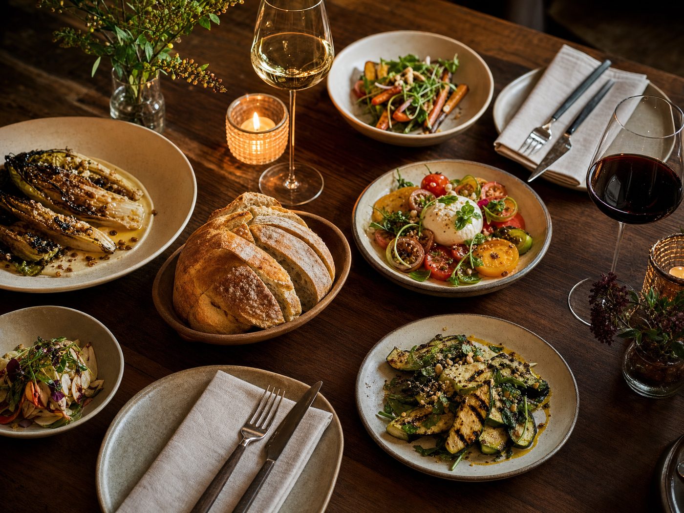 Seasonal dishes on a warm restaurant table